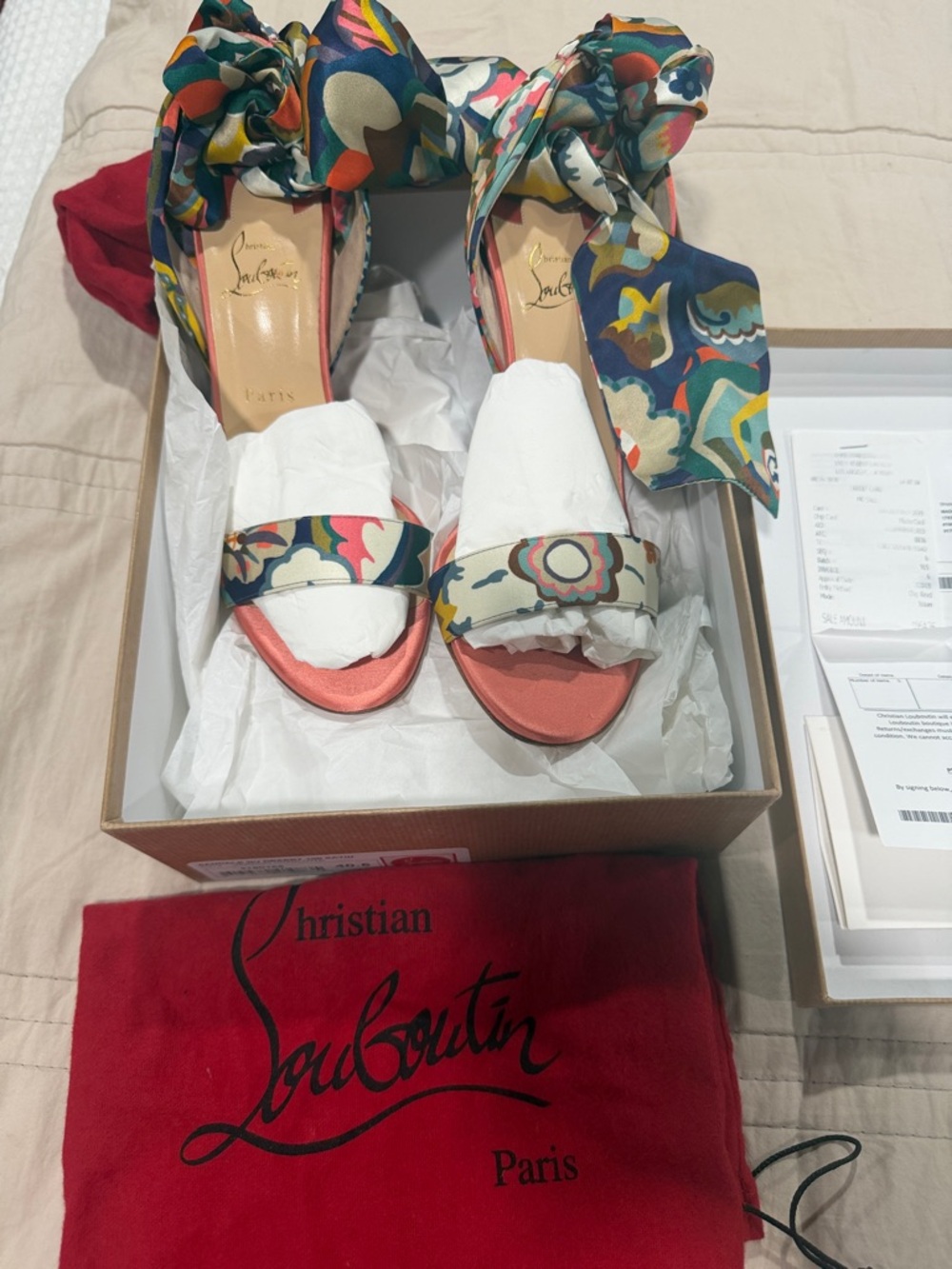 Christian Louboutin Multicolor Floral Print Ankle-Tie Sandals with Coral Footbed